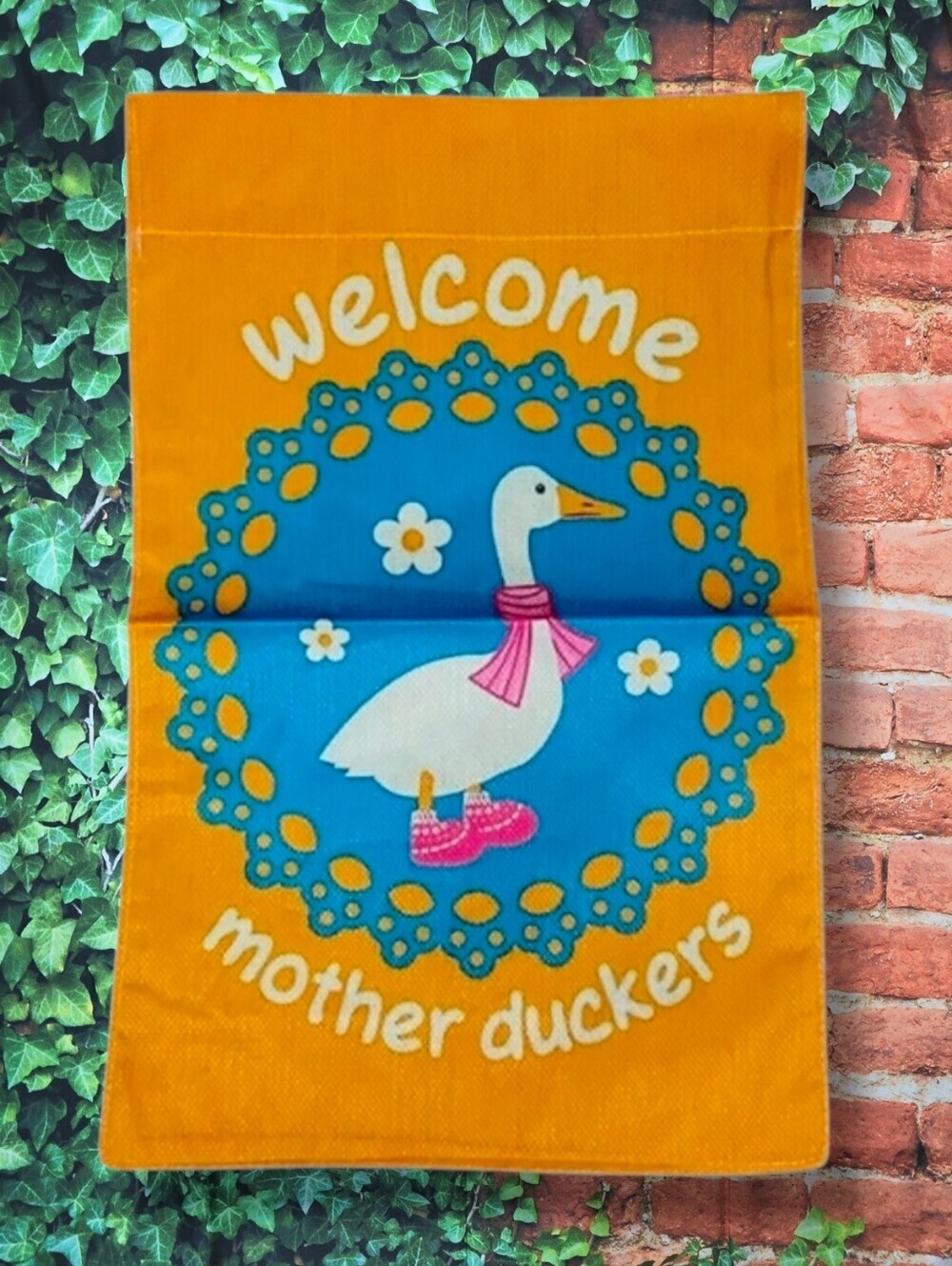 All Season Welcome Mother Duckers Garden Woven Linen Flag